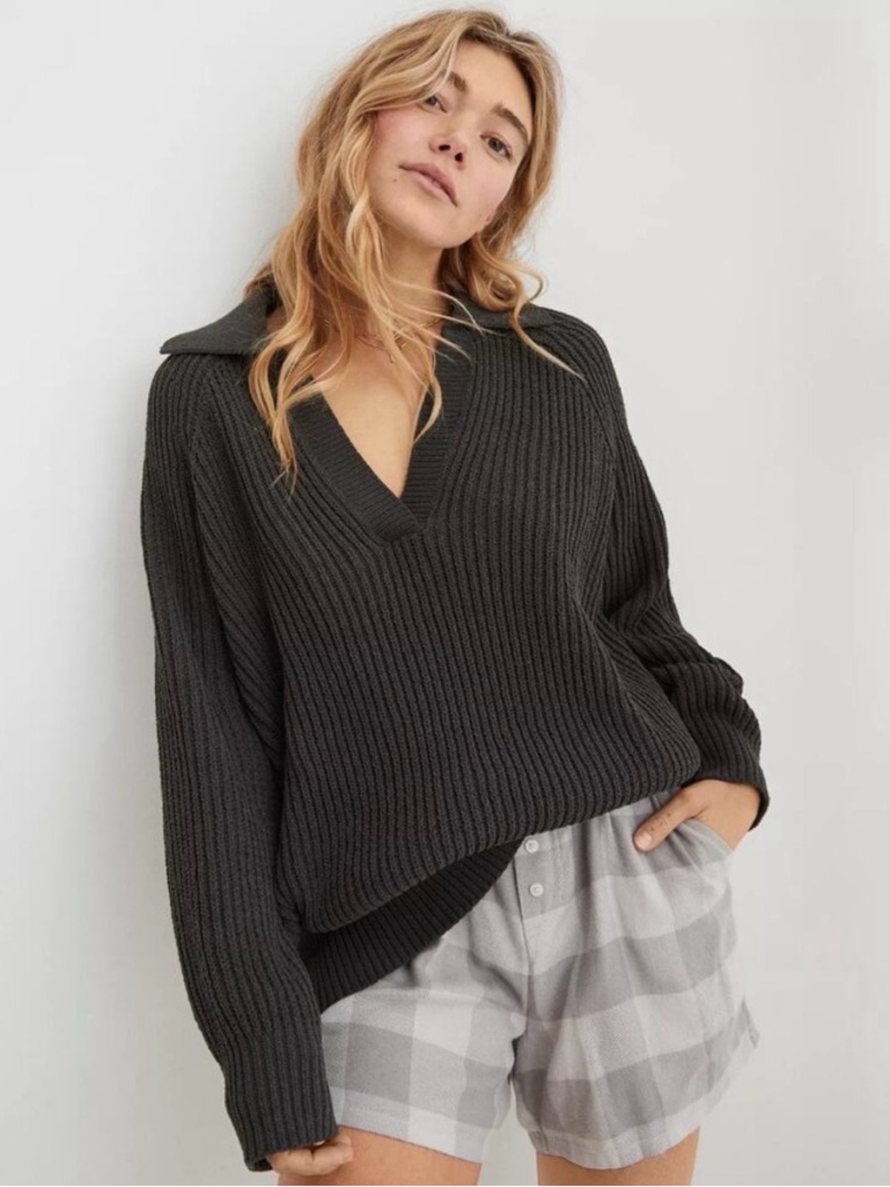 American Eagle Sugar Rush Chenille Sweater Women A Collared Charcoal Gray